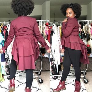 Burgundy victorian inspired high low ruffle blouse